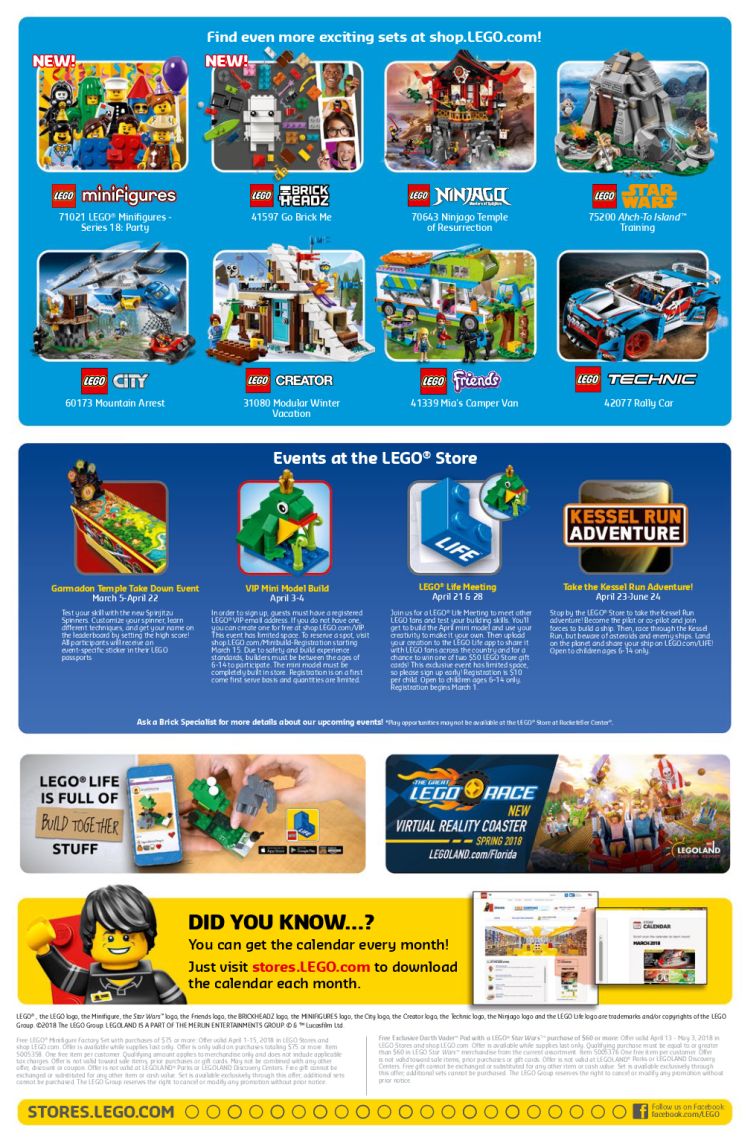 Lego store shop calendar march 2019