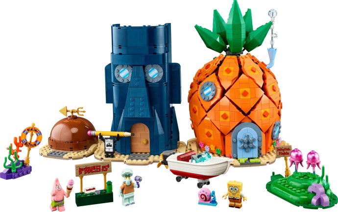 LEGO Icons SpongeBob SquarePants Bikini Bottom set 11386 featuring the Pineapple House, Squidward's house, and Patrick's rock