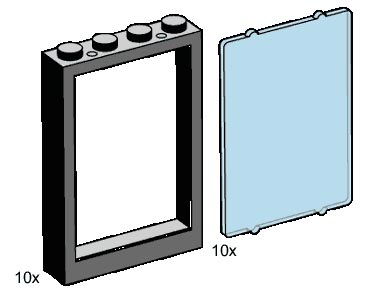 LEGO B001 1x4x5 Black Window Frames, Transparent Blue Panes