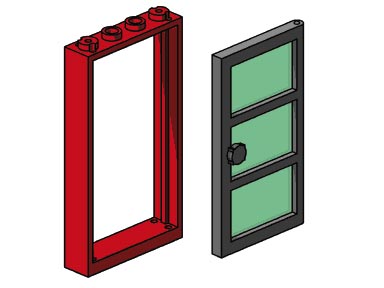 LEGO B003 1x4x6 Red Door and Frames, Transparent Green Panes