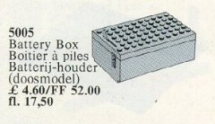 <h1>Battery Box Grey 4.5V for use with Basic set 816</h1><div class='tags floatleft'><a href='/sets/5005-1/Battery-Box-Grey-4-5V-for-use-with-Basic-set-816'>5005-1</a> <a href='/sets/theme-Service-Packs'>Service Packs</a> <a class='year' href='/sets/theme-Service-Packs/year-1987'>1987</a> </div><div class='floatright'>©1987 LEGO Group</div>