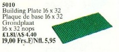 <h1>Building Plate 16 x 32 Green</h1><div class='tags floatleft'><a href='/sets/5010-1/Building-Plate-16-x-32-Green'>5010-1</a> <a href='/sets/theme-Service-Packs'>Service Packs</a> <a class='year' href='/sets/theme-Service-Packs/year-1990'>1990</a> </div><div class='floatright'>©1990 LEGO Group</div>