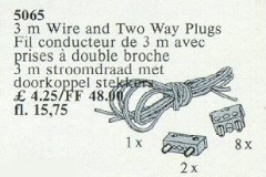 <h1>Two-Way Plugs and Cable 3.0 m</h1><div class='tags floatleft'><a href='/sets/5065-1/Two-Way-Plugs-and-Cable-3-0-m'>5065-1</a> <a href='/sets/theme-Service-Packs'>Service Packs</a> <a class='subtheme' href='/sets/subtheme-Trains'>Trains</a> <a class='year' href='/sets/theme-Service-Packs/year-1987'>1987</a> </div><div class='floatright'>©1987 LEGO Group</div>