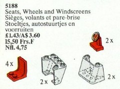 <h1>Seats, Steering Wheels and Windscreens</h1><div class='tags floatleft'><a href='/sets/5188-1/Seats-Steering-Wheels-and-Windscreens'>5188-1</a> <a href='/sets/theme-Service-Packs'>Service Packs</a> <a class='year' href='/sets/theme-Service-Packs/year-1989'>1989</a> </div><div class='floatright'>©1989 LEGO Group</div>
