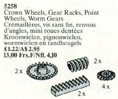 <h1>Crown Wheels, Gear Racks, Point Wheels, Worm Gears</h1><div class='tags floatleft'><a href='/sets/5258-1/Crown-Wheels-Gear-Racks-Point-Wheels-Worm-Gears'>5258-1</a> <a href='/sets/theme-Service-Packs'>Service Packs</a> <a class='subtheme' href='/sets/subtheme-Technic'>Technic</a> <a class='year' href='/sets/theme-Service-Packs/year-1990'>1990</a> </div><div class='floatright'>©1990 LEGO Group</div>