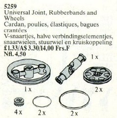 <h1>Universal Joint, Rubber Bands and Wheels</h1><div class='tags floatleft'><a href='/sets/5259-1/Universal-Joint-Rubber-Bands-and-Wheels'>5259-1</a> <a href='/sets/theme-Service-Packs'>Service Packs</a> <a class='subtheme' href='/sets/subtheme-Technic'>Technic</a> <a class='year' href='/sets/theme-Service-Packs/year-1990'>1990</a> </div><div class='floatright'>©1990 LEGO Group</div>