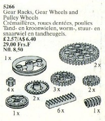 <h1>Gear Racks, Gear Wheels and Pulley Wheels</h1><div class='tags floatleft'><a href='/sets/5266-1/Gear-Racks-Gear-Wheels-and-Pulley-Wheels'>5266-1</a> <a href='/sets/theme-Service-Packs'>Service Packs</a> <a class='subtheme' href='/sets/subtheme-Technic'>Technic</a> <a class='year' href='/sets/theme-Service-Packs/year-1989'>1989</a> </div><div class='floatright'>&copy;1989 LEGO Group</div>