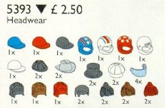 <h1>Headgear (Hats and Hair)</h1><div class='tags floatleft'><a href='/sets/5393-1/Headgear-(Hats-and-Hair)'>5393-1</a> <a href='/sets/theme-Service-Packs'>Service Packs</a> <a class='year' href='/sets/theme-Service-Packs/year-1997'>1997</a> </div><div class='floatright'>©1997 LEGO Group</div>
