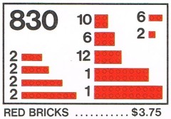 <h1>Red Bricks Parts Pack</h1><div class='tags floatleft'><a href='/sets/830-1/Red-Bricks-Parts-Pack'>830-1</a> <a href='/sets/theme-Basic'>Basic</a> <a class='subtheme' href='/sets/subtheme-Supplementaries'>Supplementaries</a> <a class='year' href='/sets/theme-Basic/year-1980'>1980</a> </div><div class='floatright'>©1980 LEGO Group</div>