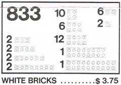 <h1>White Bricks Parts Pack</h1><div class='tags floatleft'><a href='/sets/833-1/White-Bricks-Parts-Pack'>833-1</a> <a href='/sets/theme-Basic'>Basic</a> <a class='subtheme' href='/sets/subtheme-Supplementaries'>Supplementaries</a> <a class='year' href='/sets/theme-Basic/year-1980'>1980</a> </div><div class='floatright'>©1980 LEGO Group</div>
