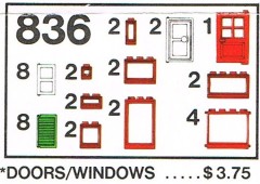 <h1>Doors and Windows Parts Pack</h1><div class='tags floatleft'><a href='/sets/836-1/Doors-and-Windows-Parts-Pack'>836-1</a> <a href='/sets/theme-Basic'>Basic</a> <a class='subtheme' href='/sets/subtheme-Supplementaries'>Supplementaries</a> <a class='year' href='/sets/theme-Basic/year-1980'>1980</a> </div><div class='floatright'>©1980 LEGO Group</div>